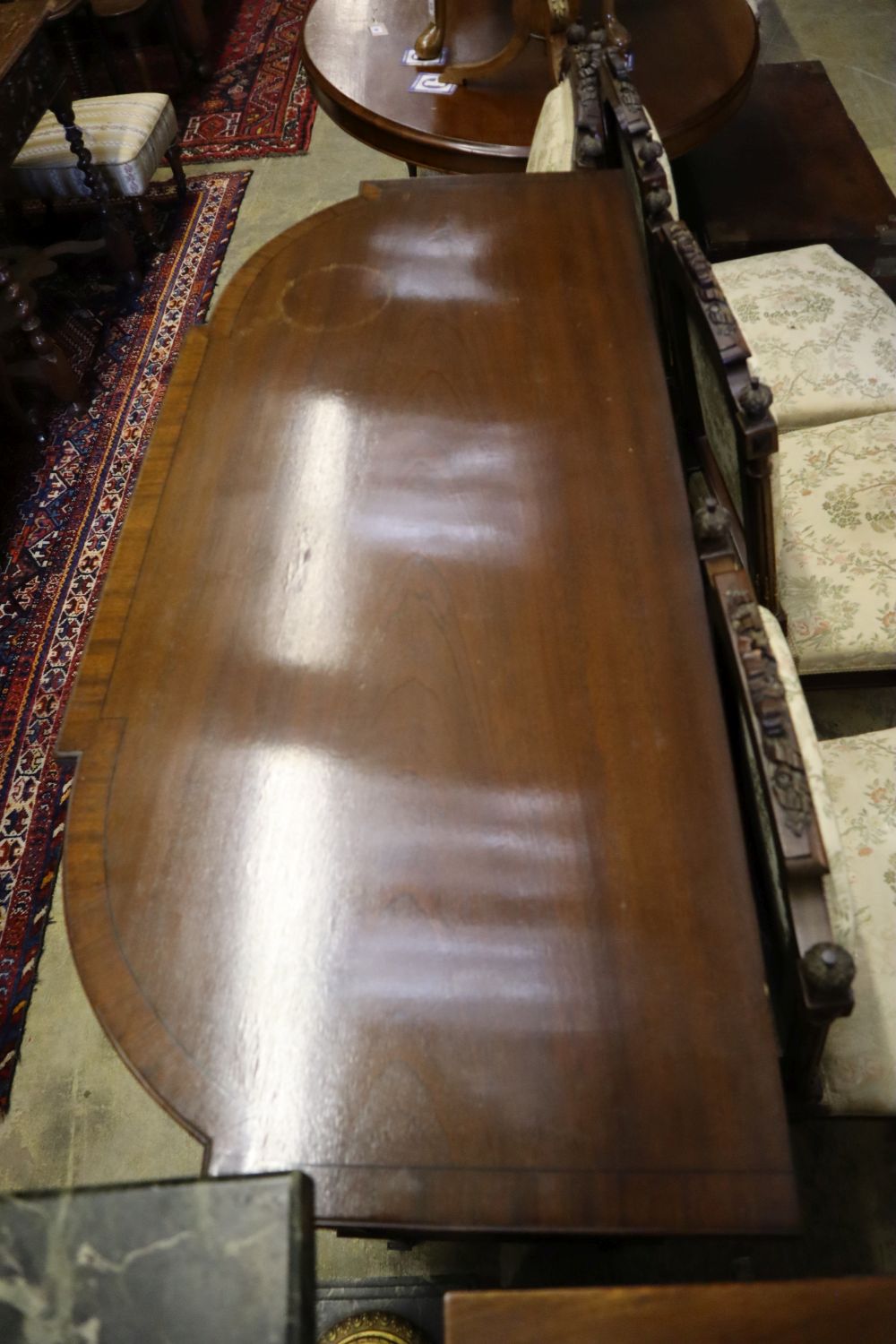 A reproduction George III style mahogany sideboard, width 122cm depth 34cm height 91cm